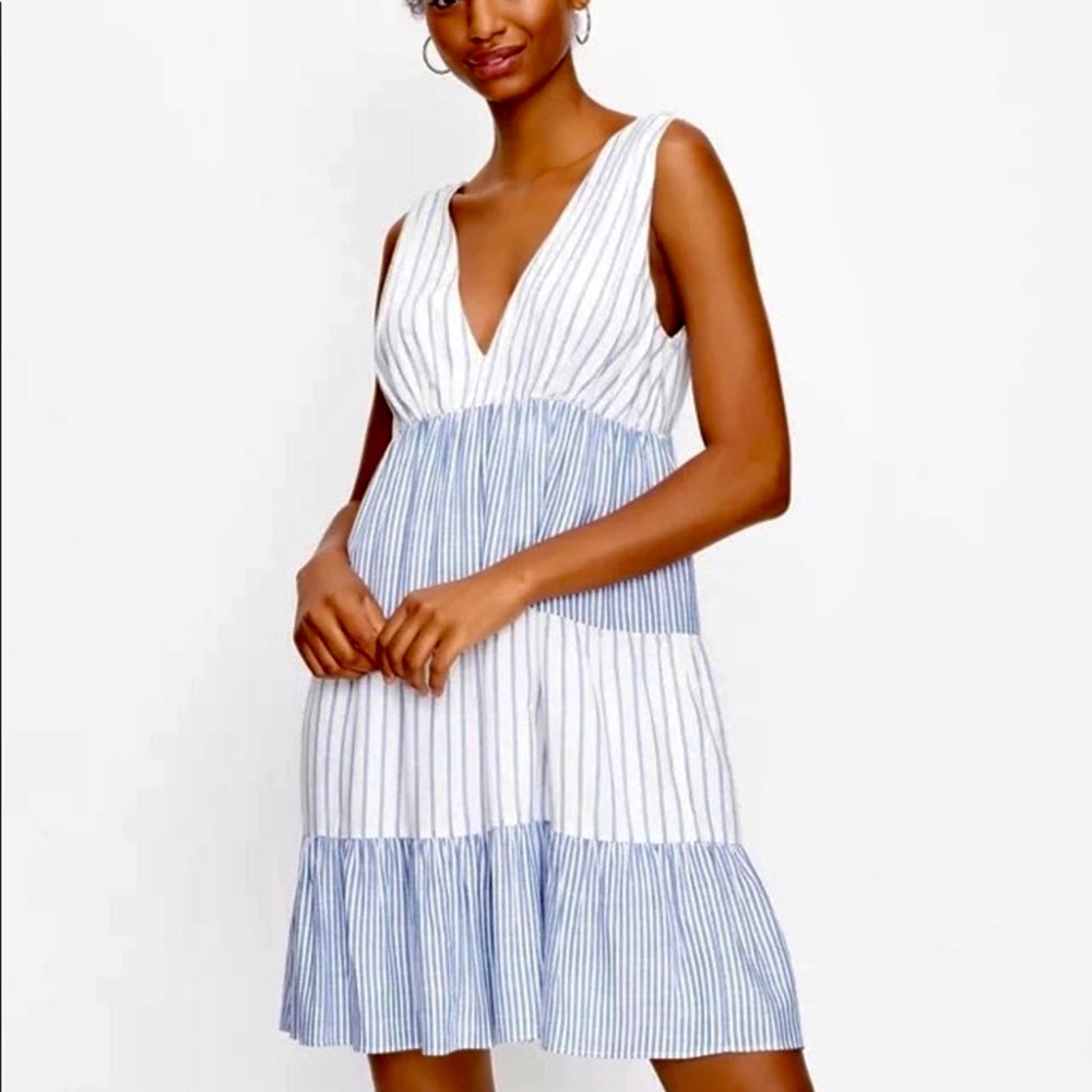 LOFT tiered swing dress, NWT, size Large, blue & white striped, double v-neck